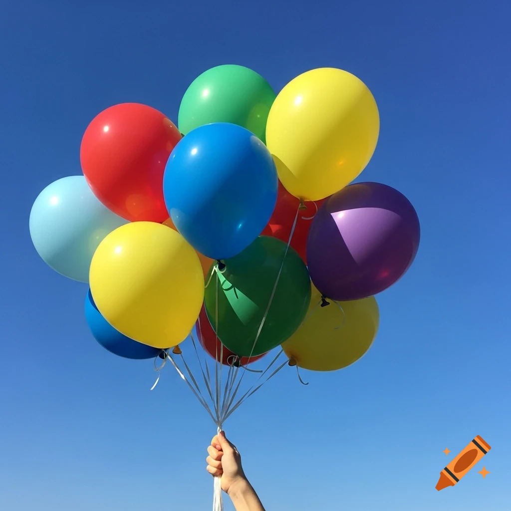 A hand holds a large bunch of colorful balloons against a bright blue sky.