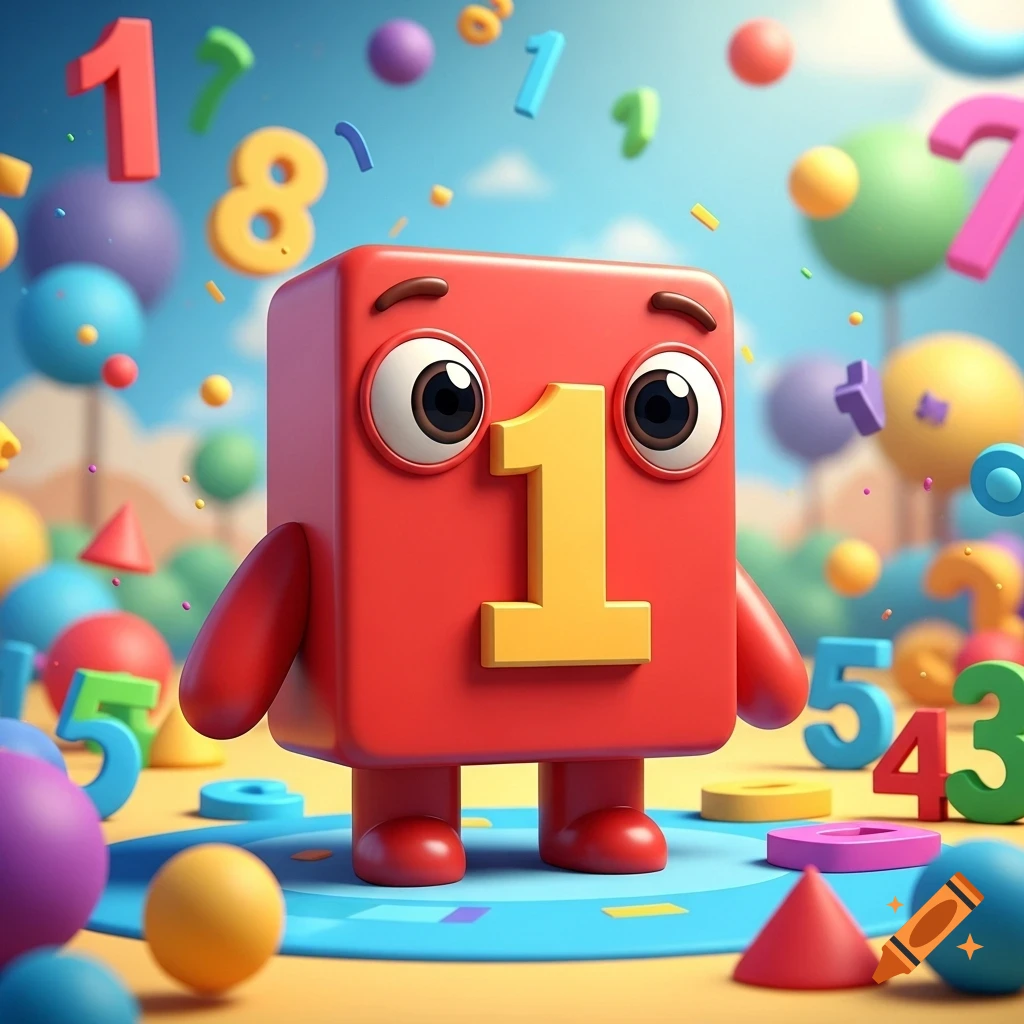 A red cartoon block character with large eyes and a yellow number one on its front, surrounded by colorful numbers and shapes.