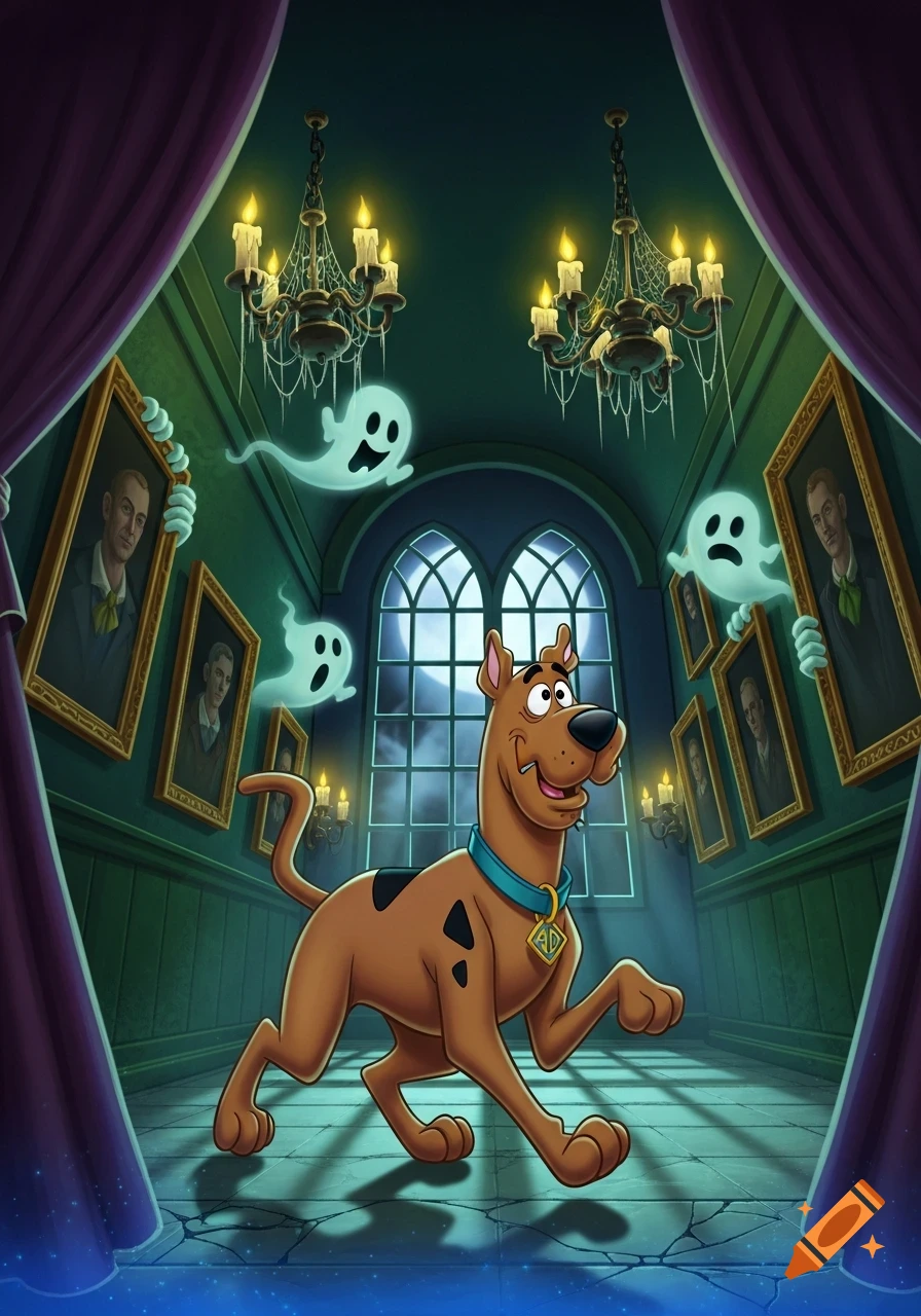 Scooby Doo walking cautiously through a haunted mansion with flying ghosts, chandeliers, and portraits on the walls, illuminated by moonlight through a large window.