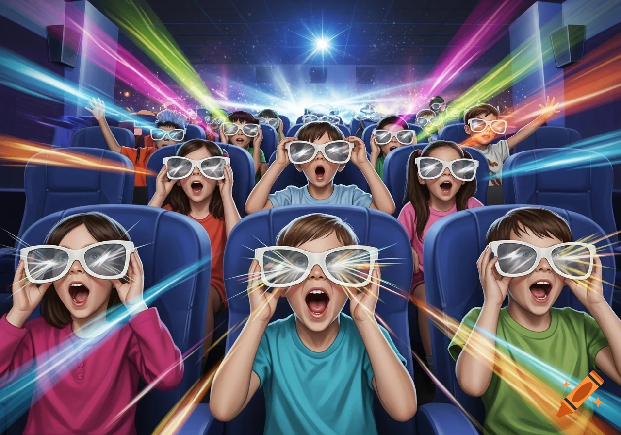 Excited children in a cinema wearing 3D glasses, with colorful light streaks radiating from the screen.