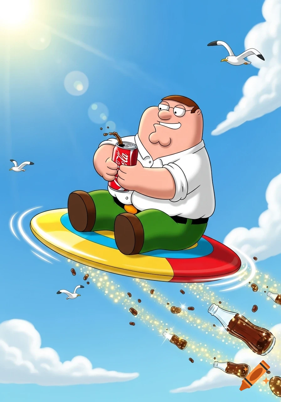Cartoon Peter Griffin flying through a sunny blue sky on a colorful frisbee, holding a spilling cola can as cola bottles trail behind him.
