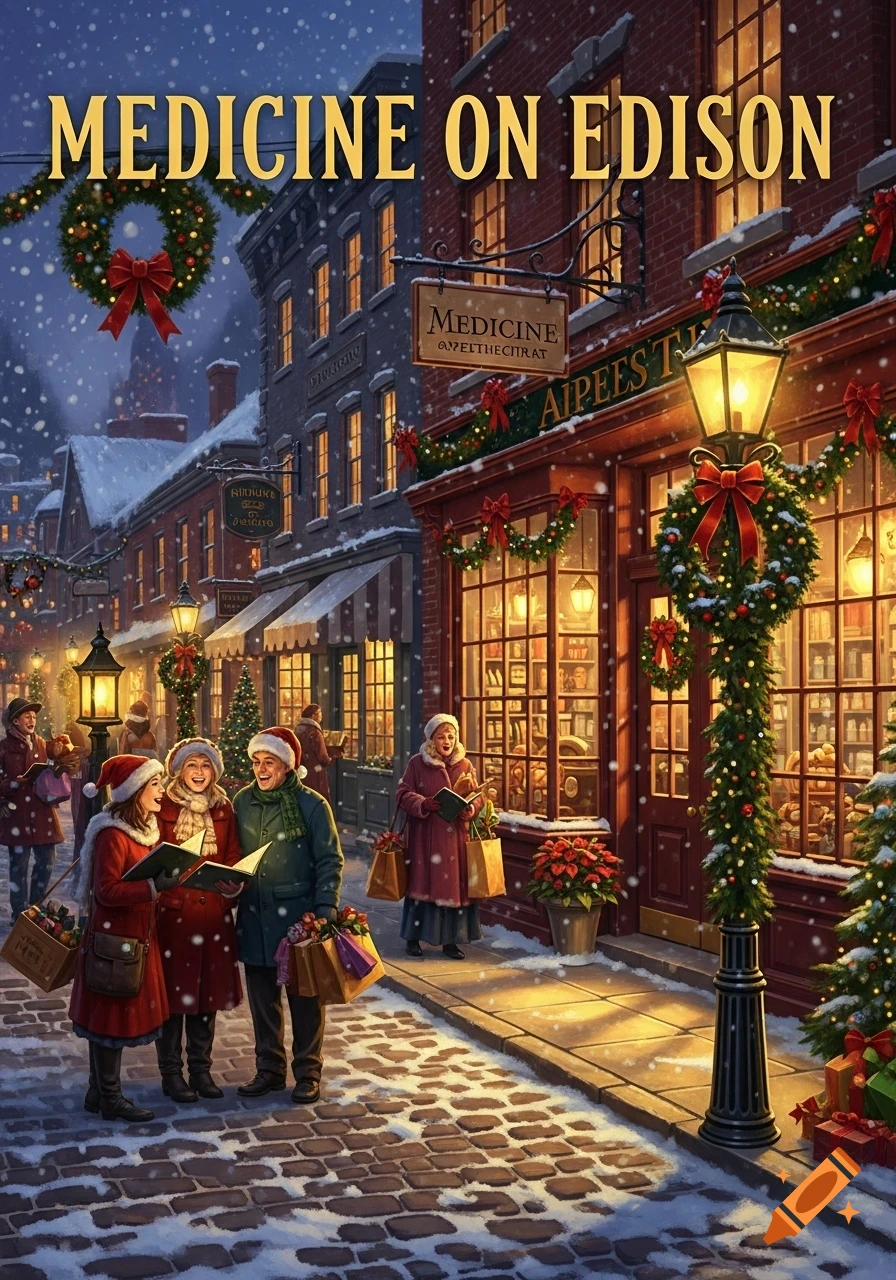 A snowy Christmas street scene at night, featuring people caroling, shops adorned with wreaths and lights, and glowing street lamps. Text at the top reads "MEDICINE ON EDISON".