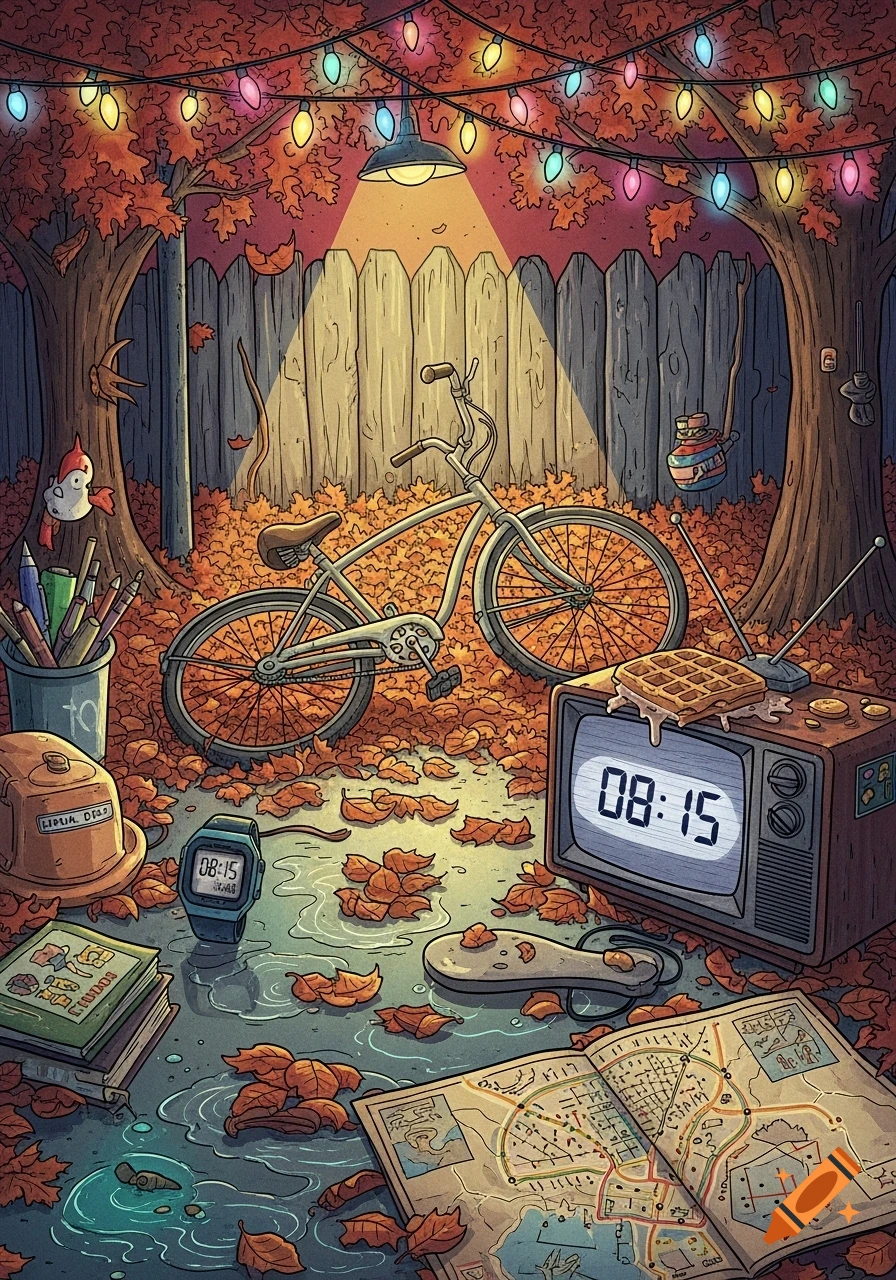 A cartoon illustration inspired by Stranger Things, showing a bicycle, an old TV displaying 08:15, and autumn leaves in a backyard.