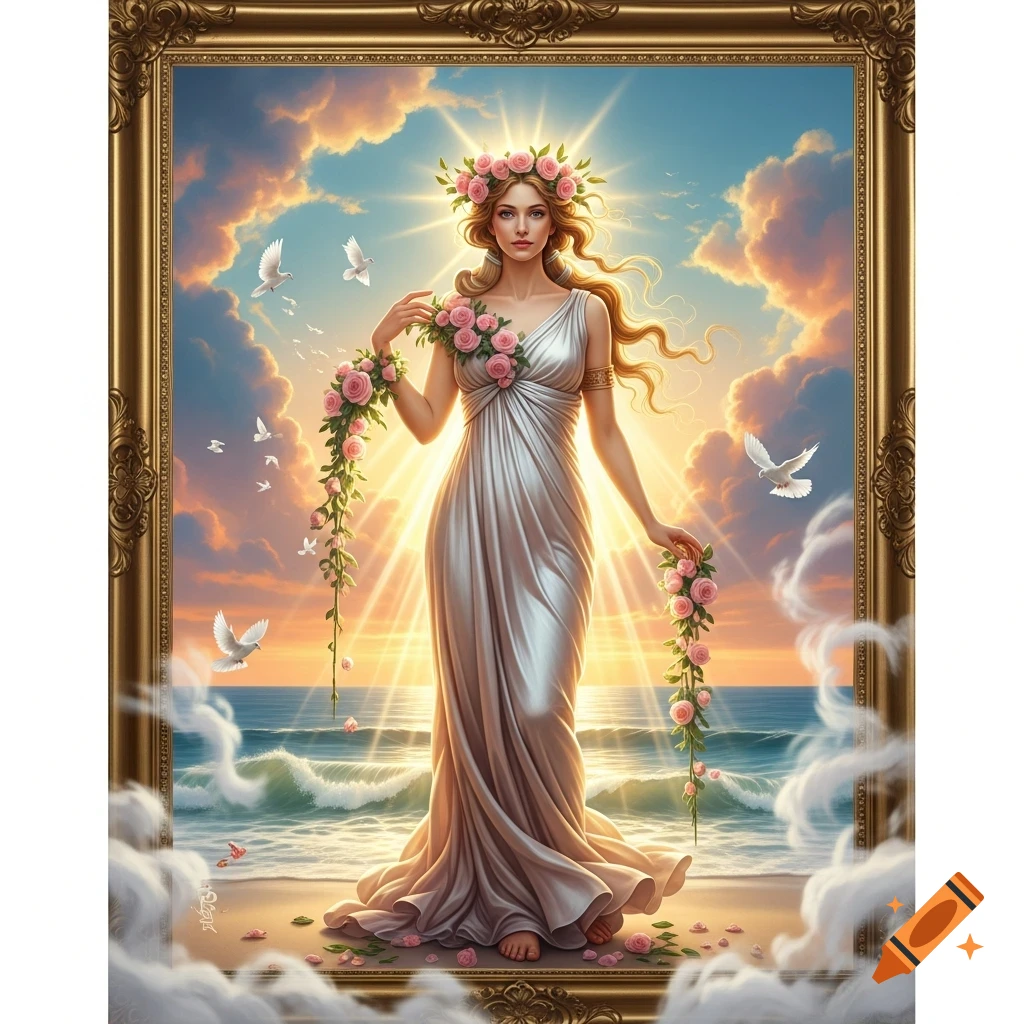 A goddess in a white gown and rose crown stands on a beach with doves under a radiant sky, framed in gold.