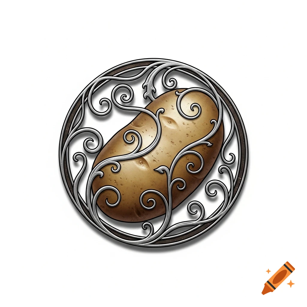 A brown potato depicted within a circular, ornate silver filigree frame, on a white background, resembling a game symbol.