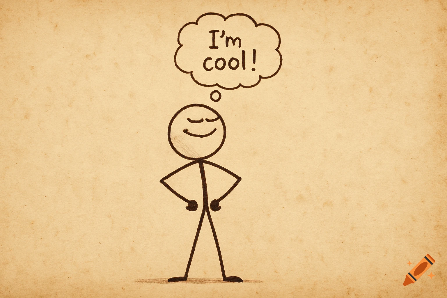 A confident stick figure with hands on hips, a thought bubble says 'I'm cool!', on a vintage paper background.