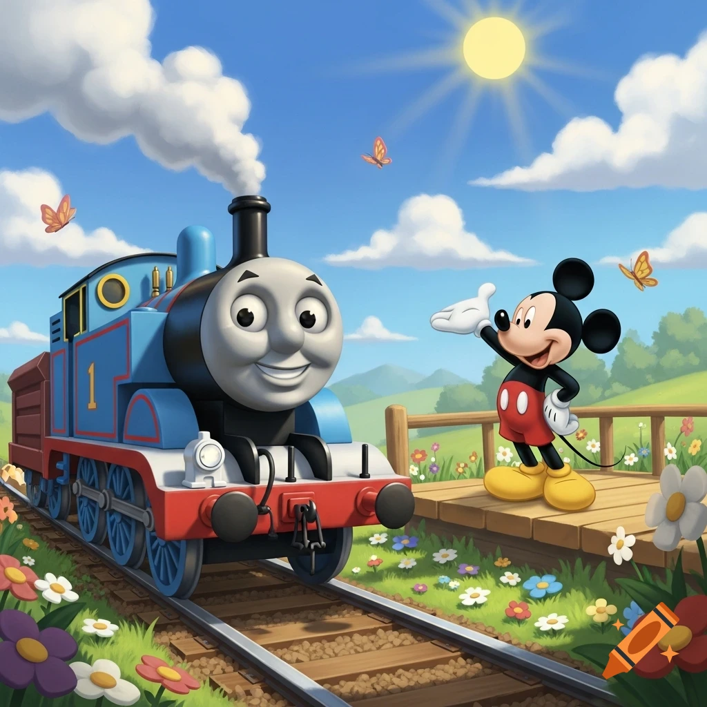 Thomas the Tank Engine on tracks with Mickey Mouse waving from a wooden bridge in a sunny, flowery landscape.