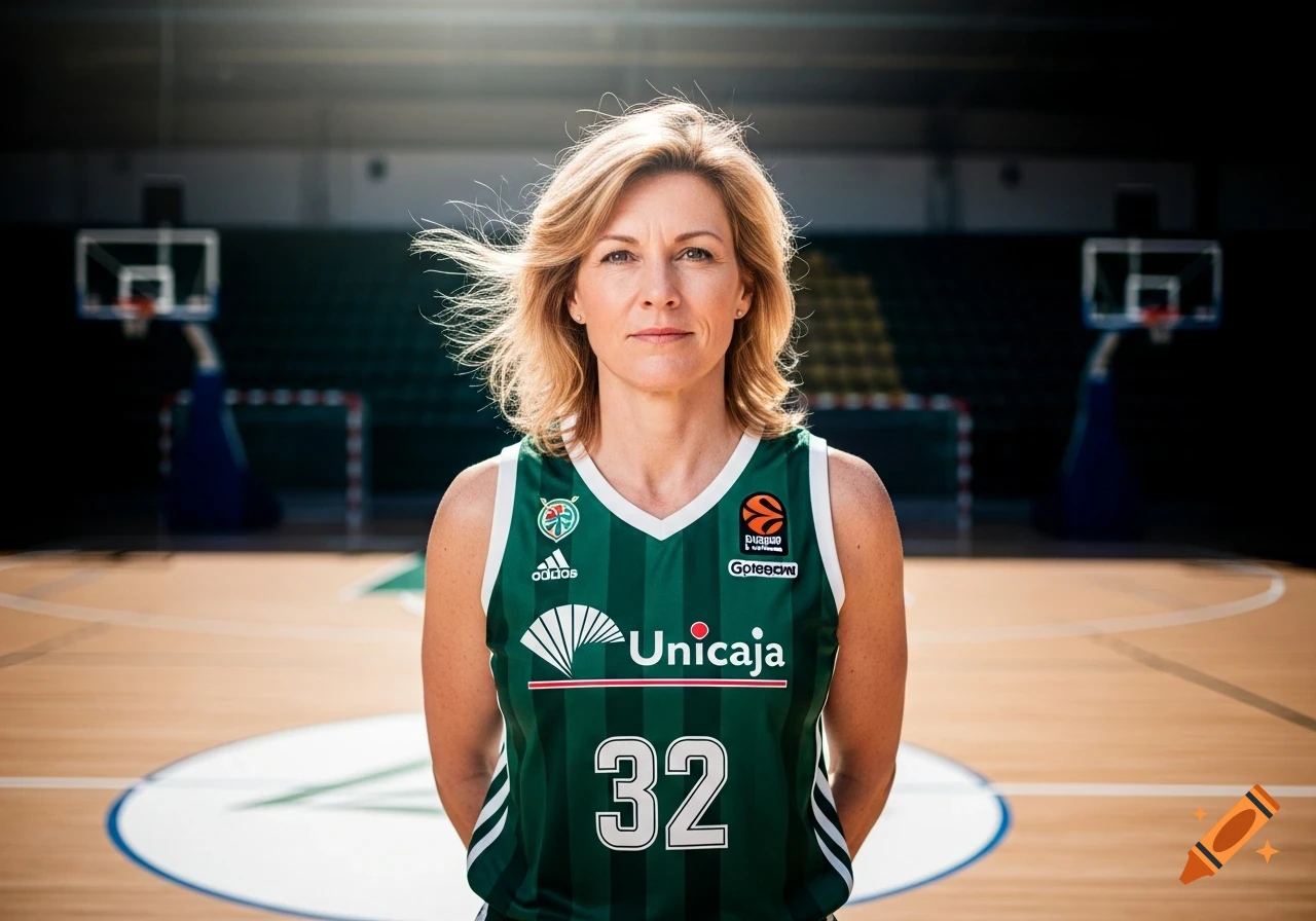 A serious blonde woman in a green Unicaja basketball jersey with the number 32 stands on a court, looking at the viewer.