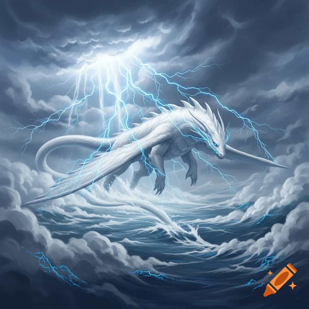 A majestic white dragon with glowing blue eyes flies through a stormy sky, surrounded by vibrant blue lightning over a turbulent sea.