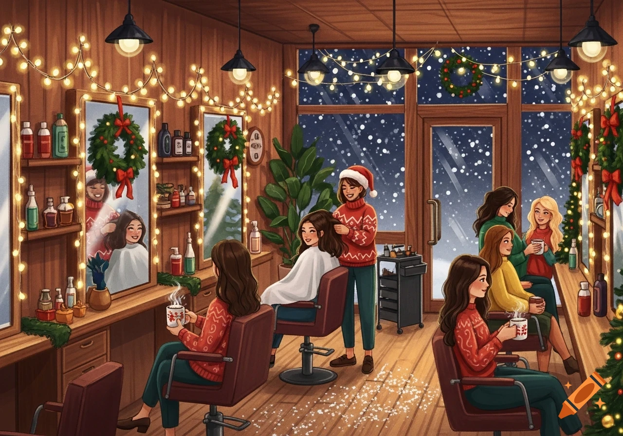 A festive cartoon hair salon decorated for Christmas, with women getting their hair done and drinking coffee as snow falls outside.