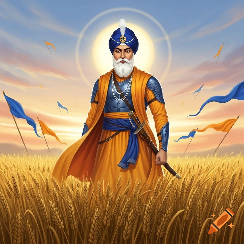 Digital painting of a historical figure in blue armor, orange robe, and blue turban, with a sword in a wheat field at sunset.