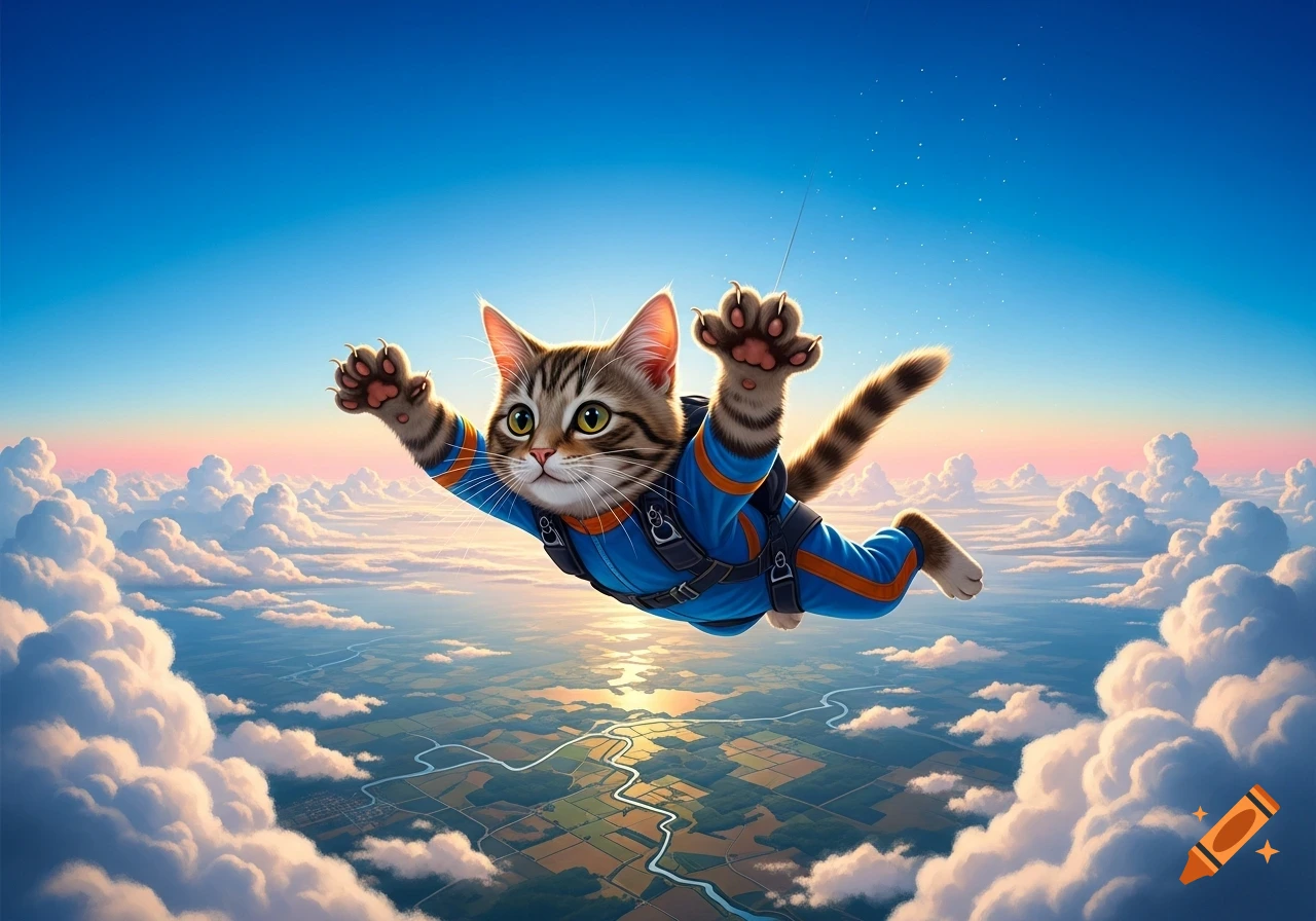 A cartoon tabby cat in a blue and orange jumpsuit skydives above clouds and a green landscape at sunset.