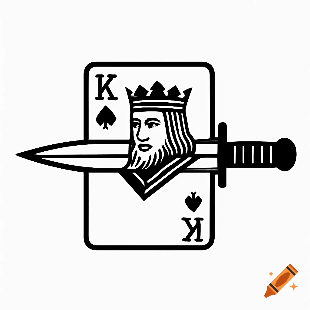 A black and white minimalist logo showing a King of Spades playing card being sliced horizontally by a dagger.