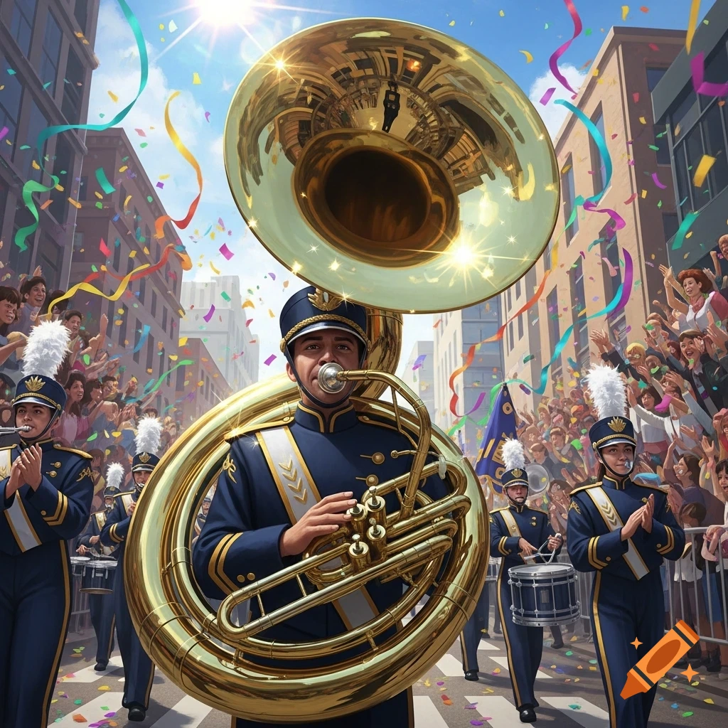 A marching band member in a blue uniform plays a shiny brass sousaphone in a sunlit parade, with confetti falling and a cheering crowd lining the street.