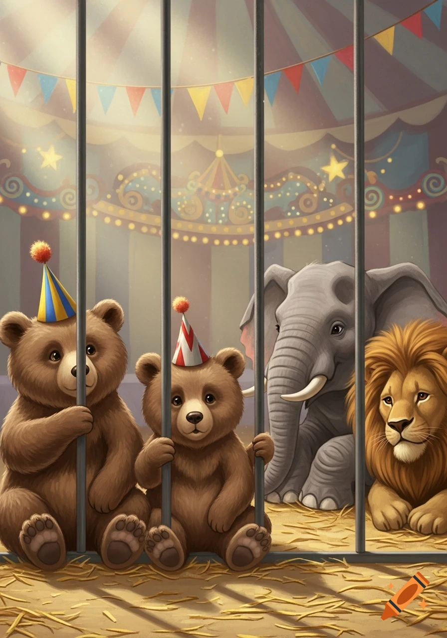 Two cute cartoon bears in party hats behind cage bars in a circus tent, looking at an elephant and a lion.