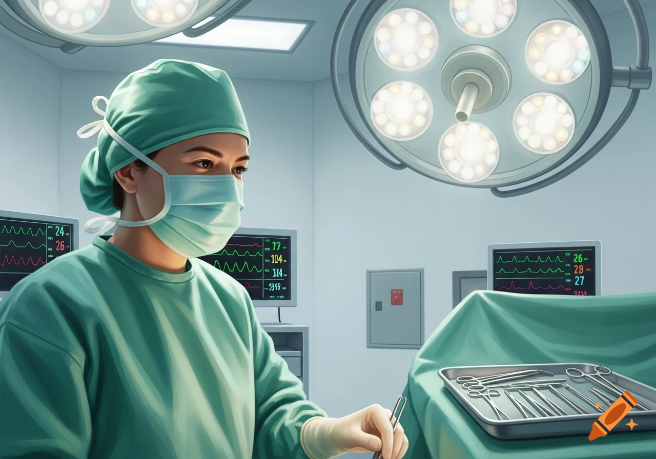 A surgeon in green scrubs, cap, and mask holds a tool in an operating room with monitors and surgical lights.