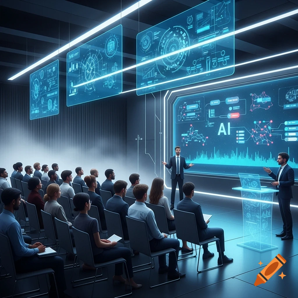 A photorealistic image of a speaker presenting AI information on large glowing holographic screens to an audience in a futuristic conference room.
