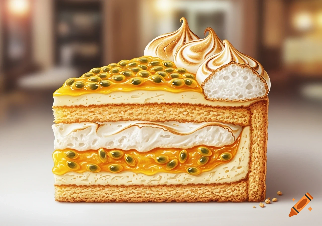 Photorealistic slice of layered cake with passion fruit compote, cream, and meringue peaks on top.