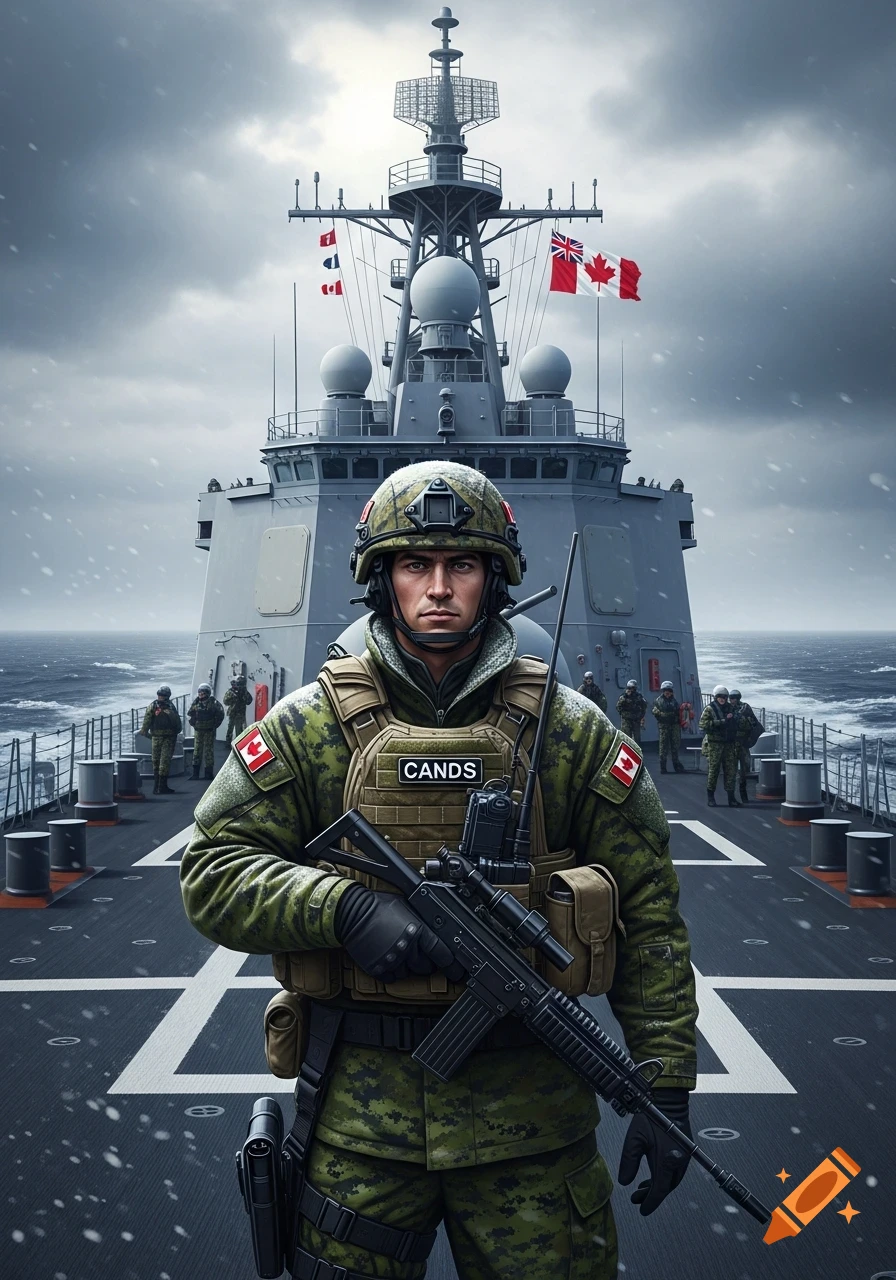 A photorealistic image of a Canadian naval infantry soldier in camouflage, holding a rifle on the deck of a warship during a snowy day.