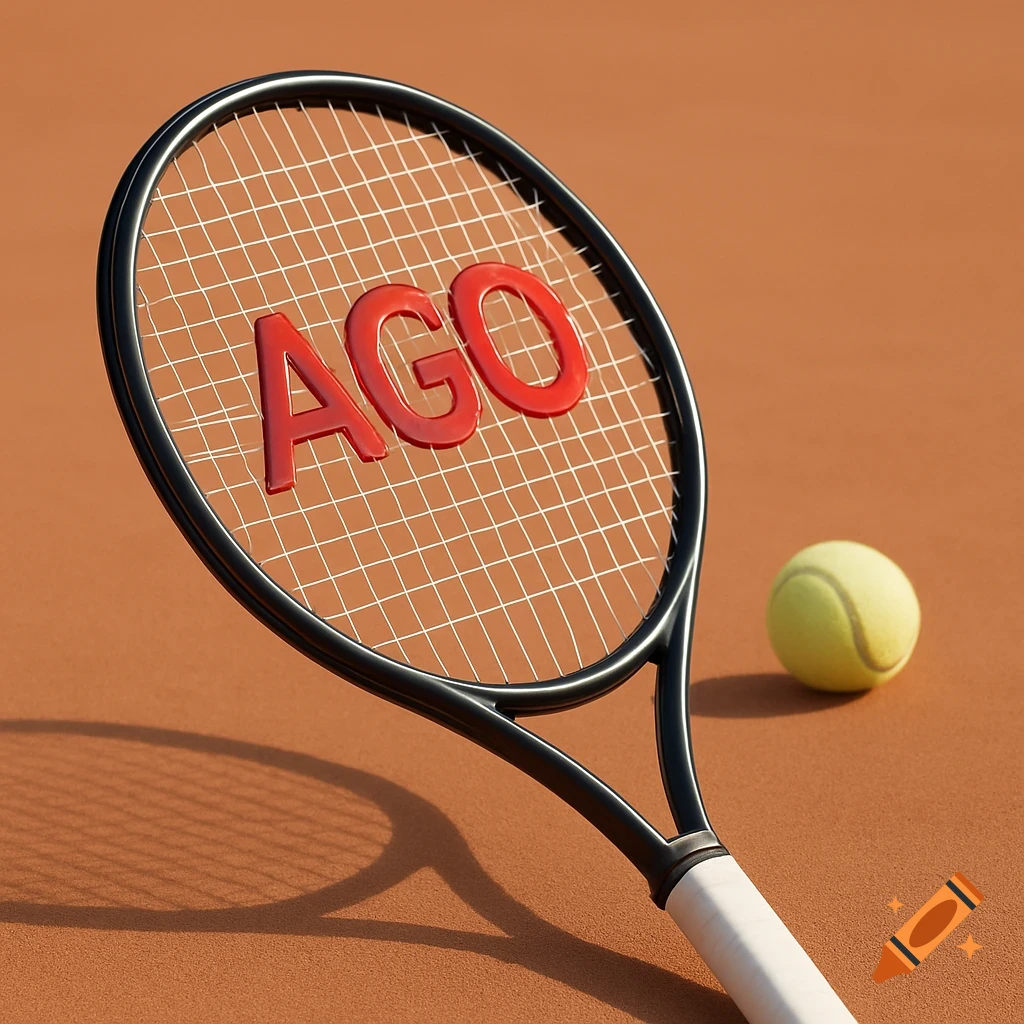 A tennis racket with "AGO" on its strings lies on a clay court next to a tennis ball.