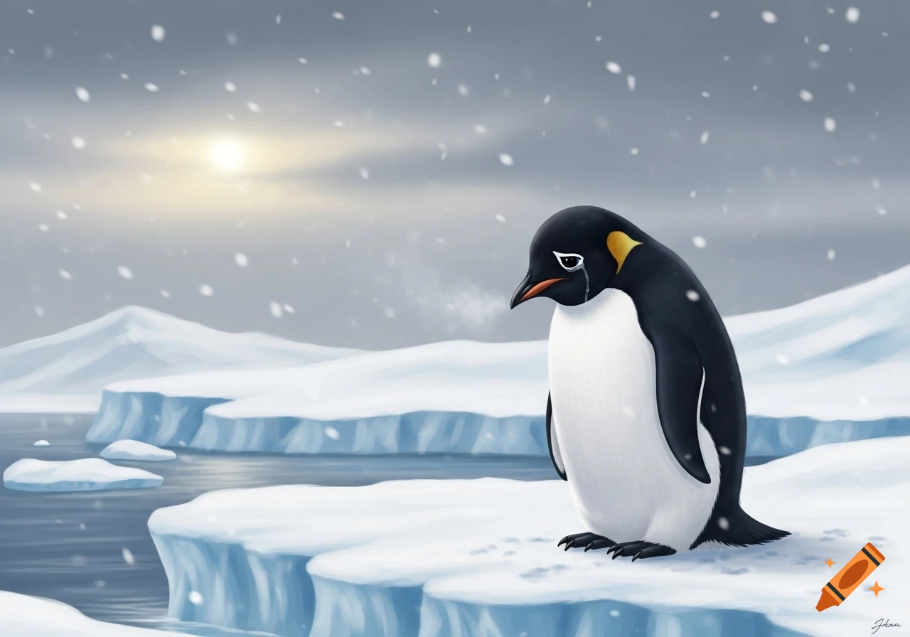 An illustrated sad penguin with a tear rolling down its face stands on an ice floe in a snowy arctic landscape.