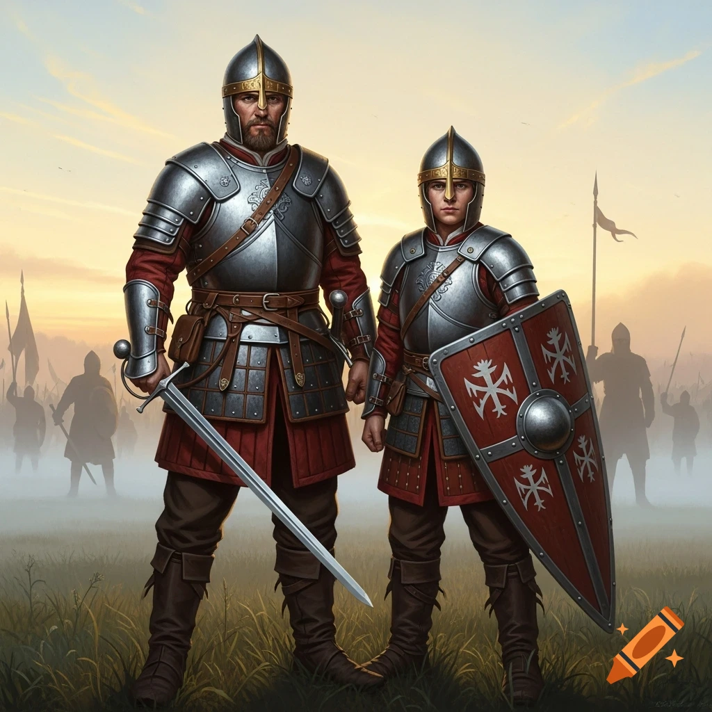 Two armored warriors, one large and one small, stand in a grassy field with a sword and a shield, backed by other soldiers.