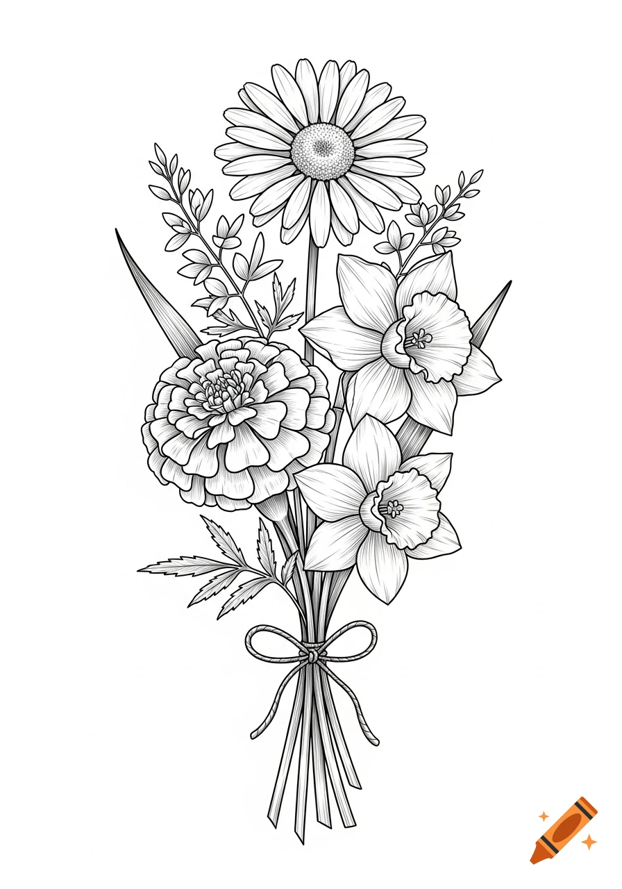 Black and white line drawing of a flower bouquet featuring a daisy, a marigold, and two daffodils with stems tied in a bow.