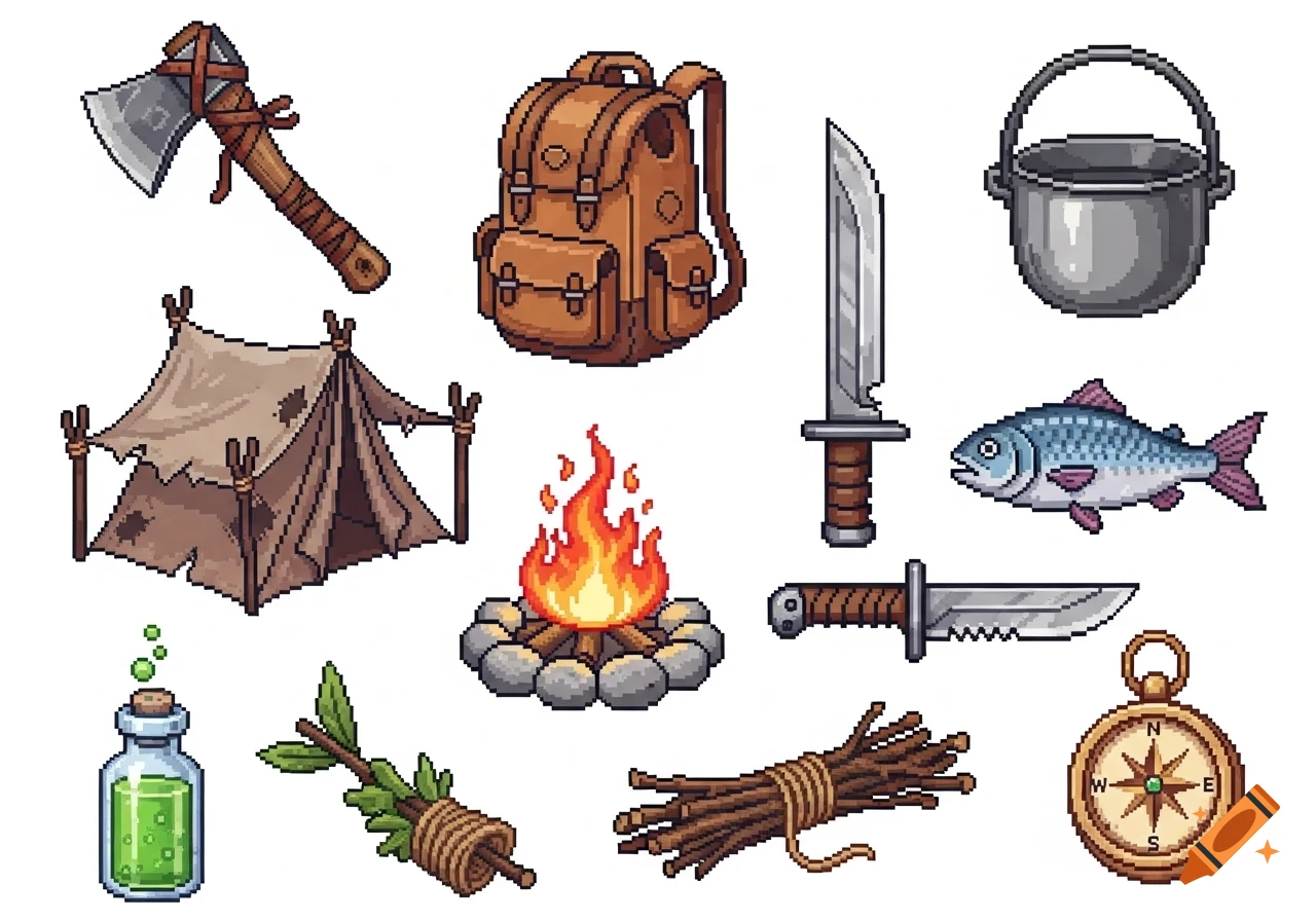 Pixel art survival game icons including an axe, backpack, tent, campfire, two knives, fish, cooking pot, potion, sticks, and compass.