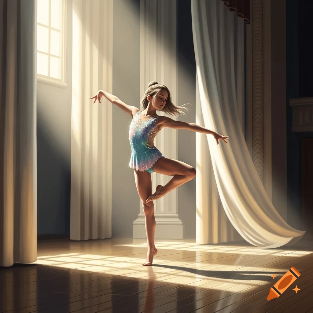 A young woman in a sparkly blue and pink leotard strikes a graceful ballet or gymnastics pose in a brightly lit room with columns and flowing curtains.