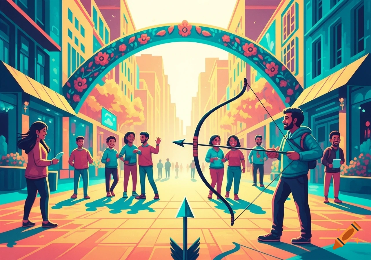 Vibrant painting of an archer aiming an arrow in a city street with happy people and colorful buildings.