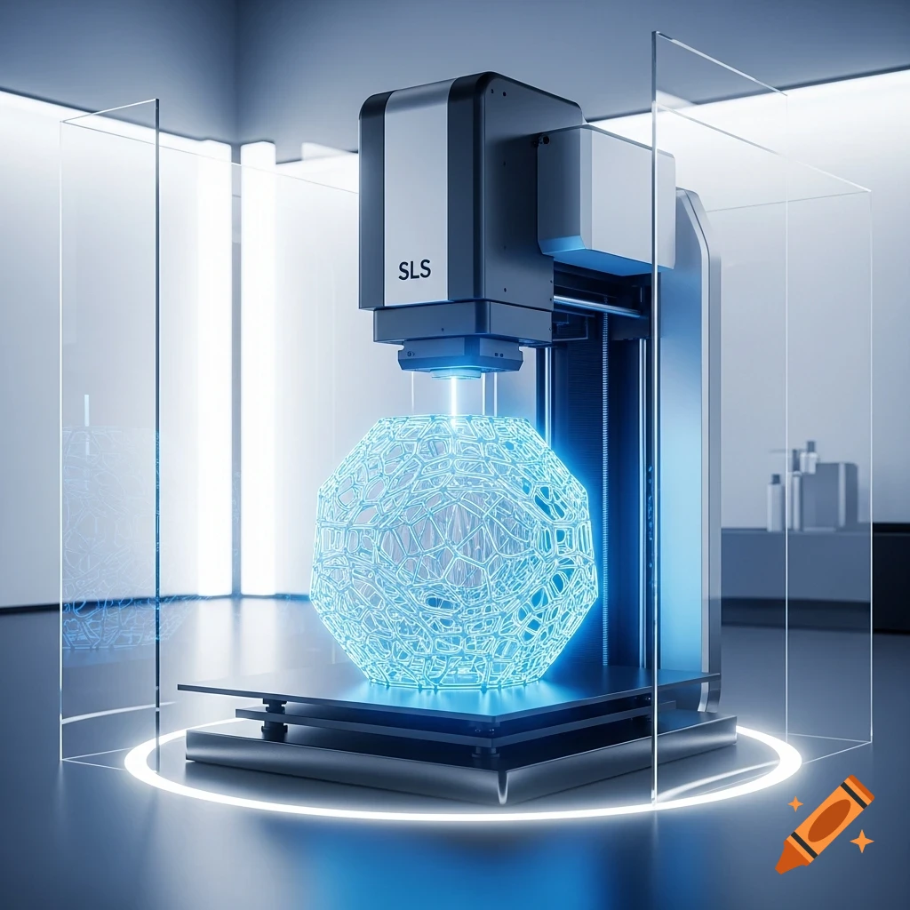 A modern 3D printer with "SLS" label, actively printing a glowing blue intricate geometric sphere in a futuristic lab.