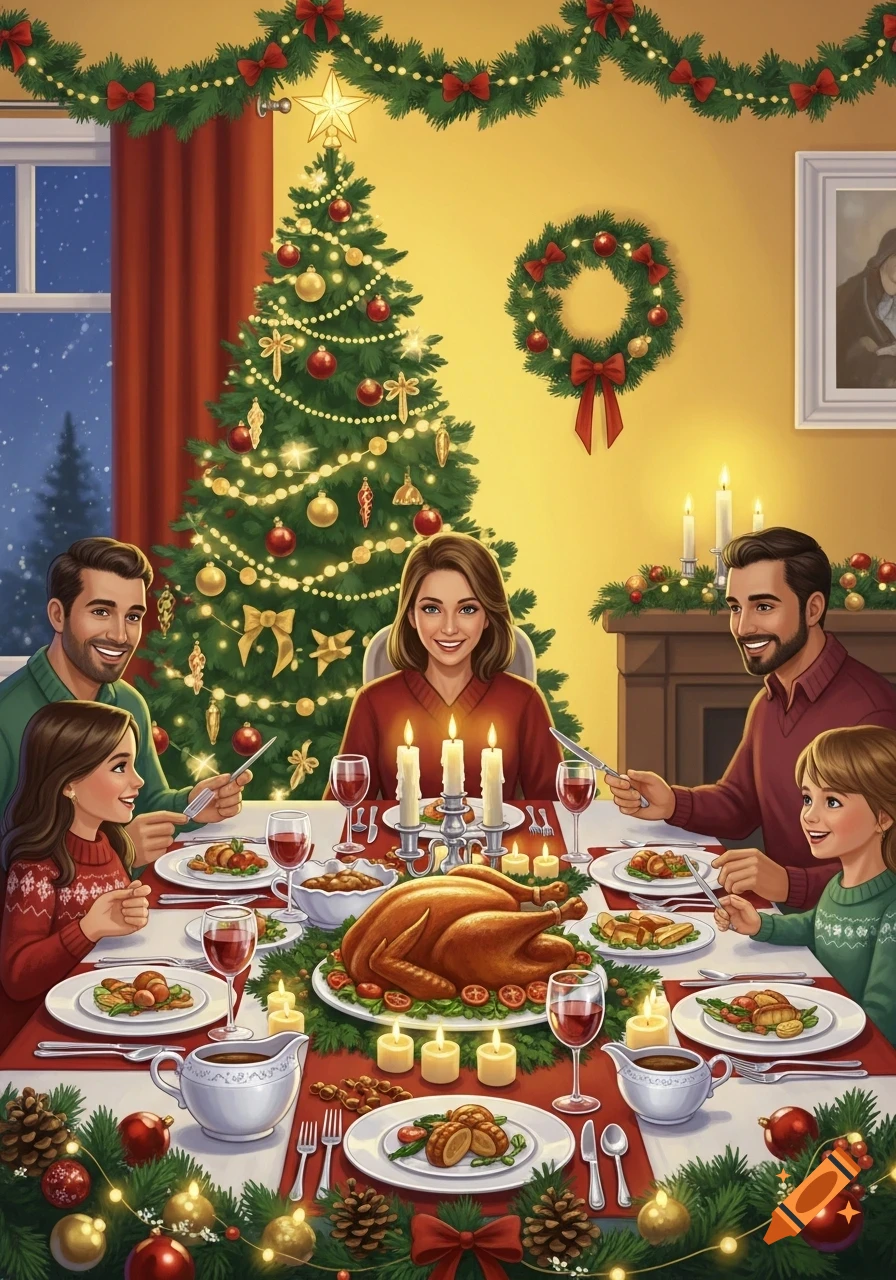 An illustrative image of a family enjoying Christmas dinner with a turkey, surrounded by a decorated Christmas tree and holiday garlands.