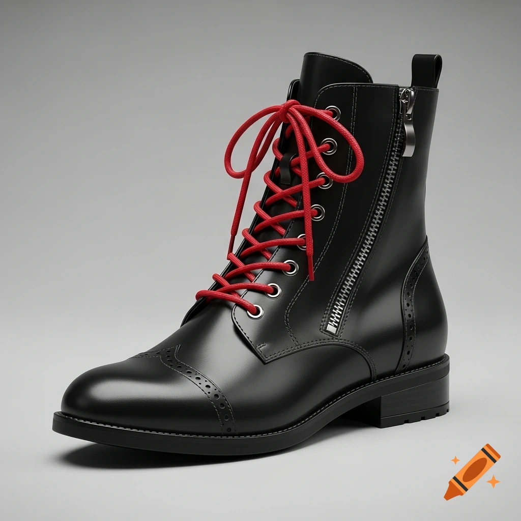 A single black leather combat boot with bright red laces and a silver side zipper, photographed on a gray background.
