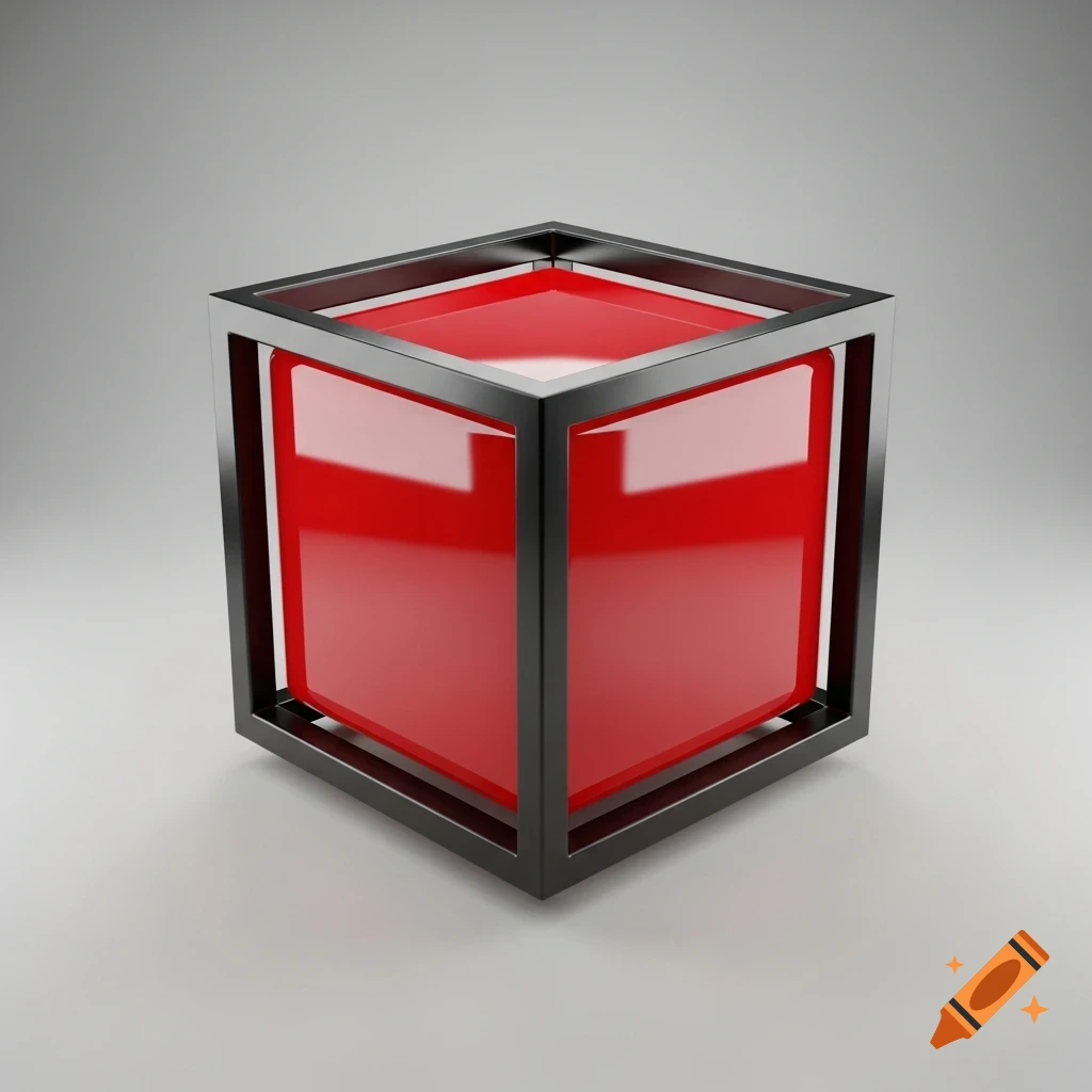3D rendering of a red cube enclosed by a black metallic frame, set against a plain grey background.