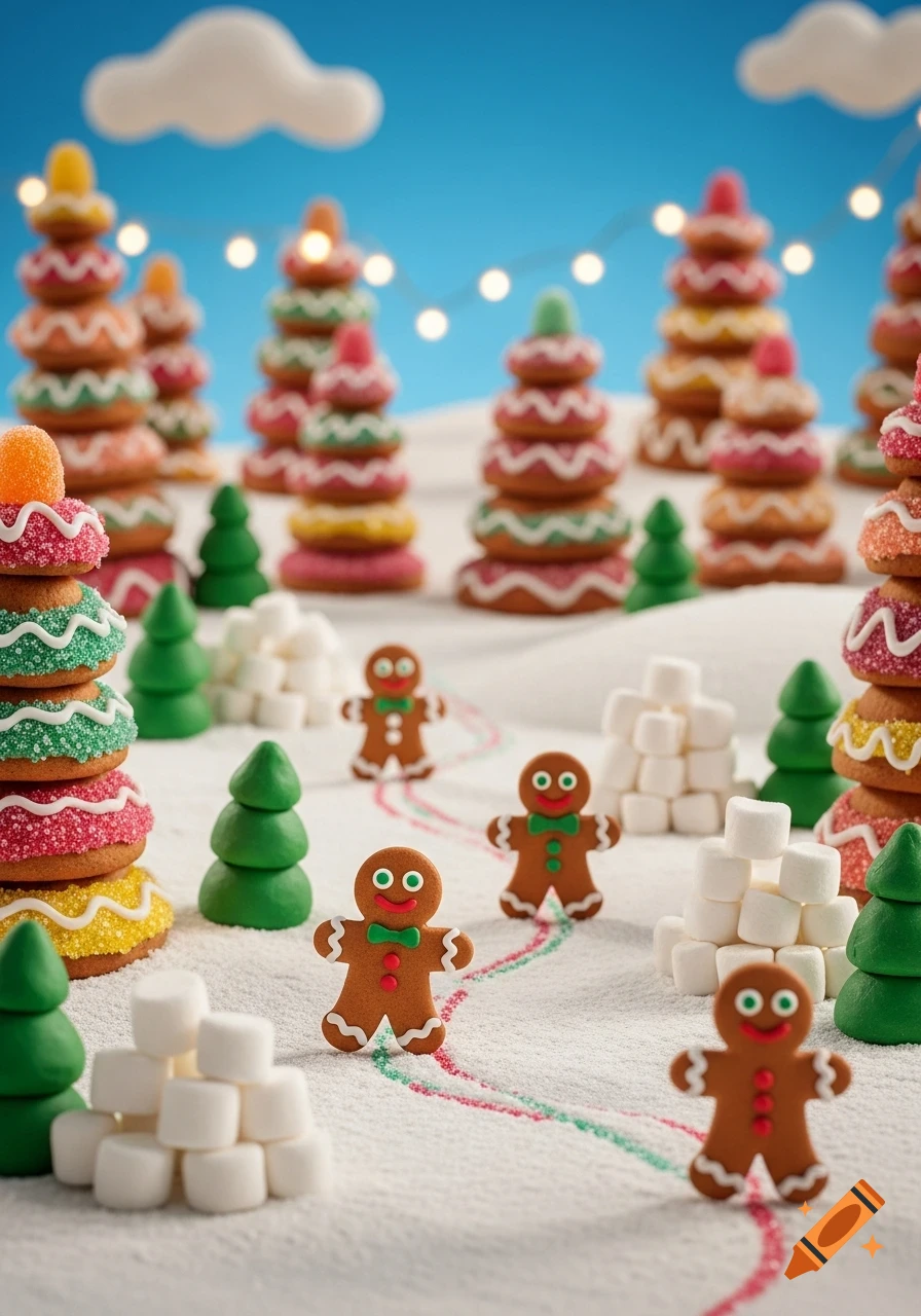 Claymation scene with gingerbread men in a snowy candy land with stacked cookie trees, marshmallow piles, and gumdrop clouds.