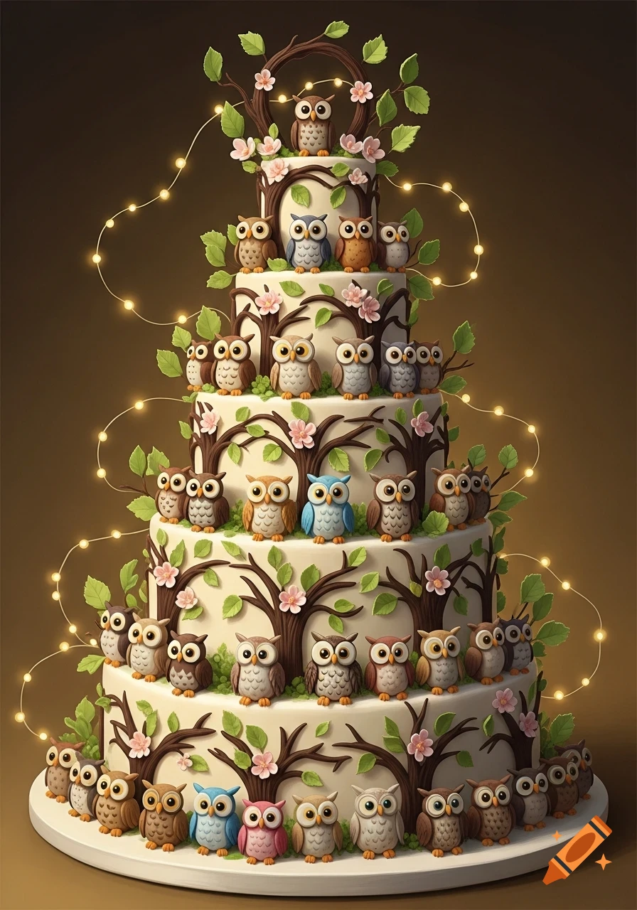 A tall, multi-tiered white cake decorated with numerous cartoon owls, tree branches, pink flowers, green leaves, and glowing string lights.