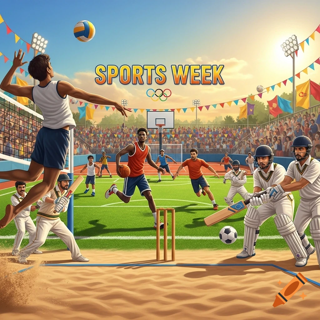 Illustrated sports event featuring people playing volleyball, basketball, cricket, and soccer in a sunny stadium.