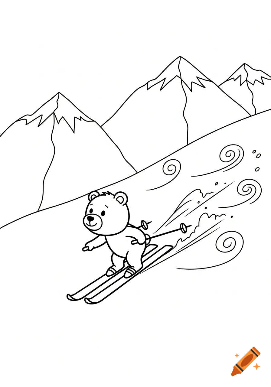 Black and white line drawing of a cute cartoon bear skiing down a snowy mountain slope.