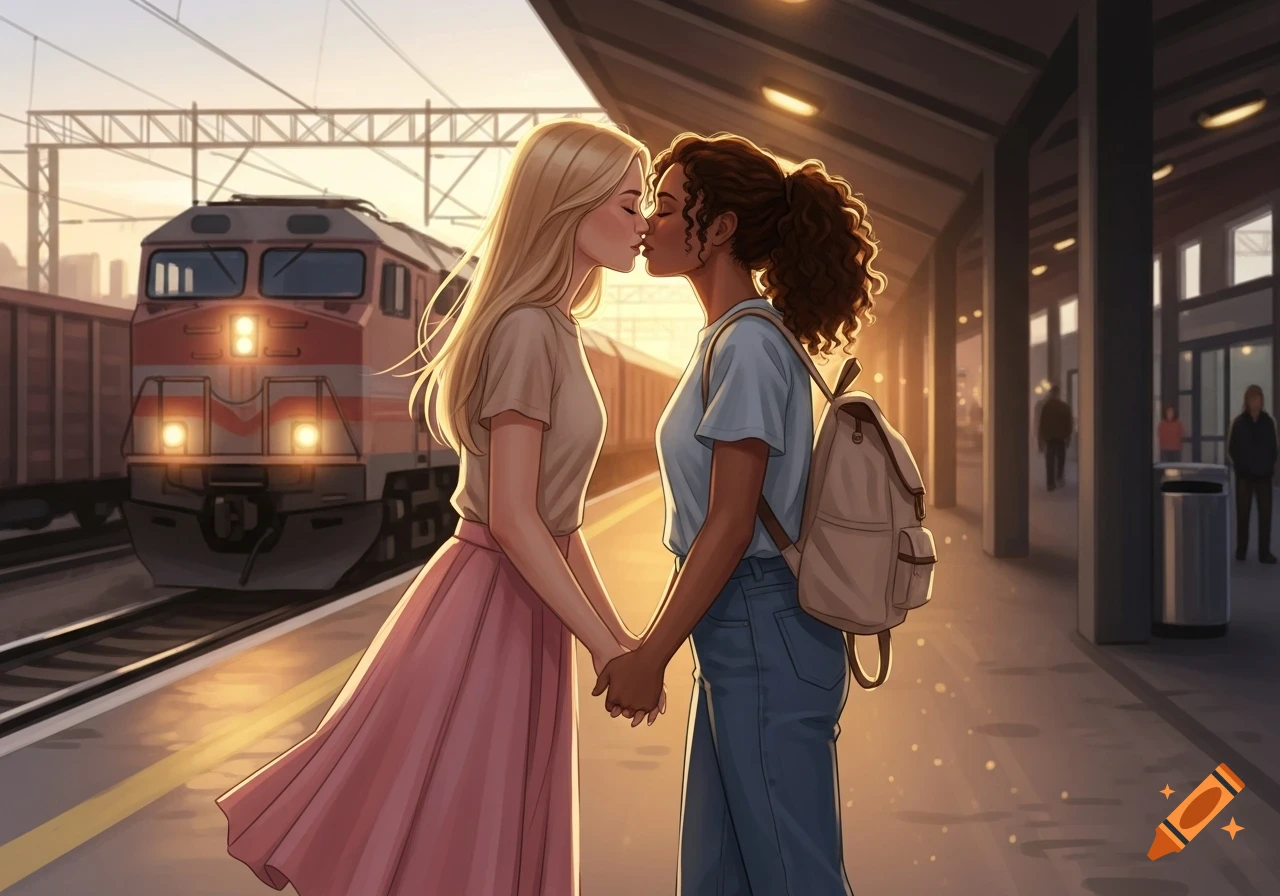 Anime illustration of two women kissing and holding hands on a train station platform at sunset.