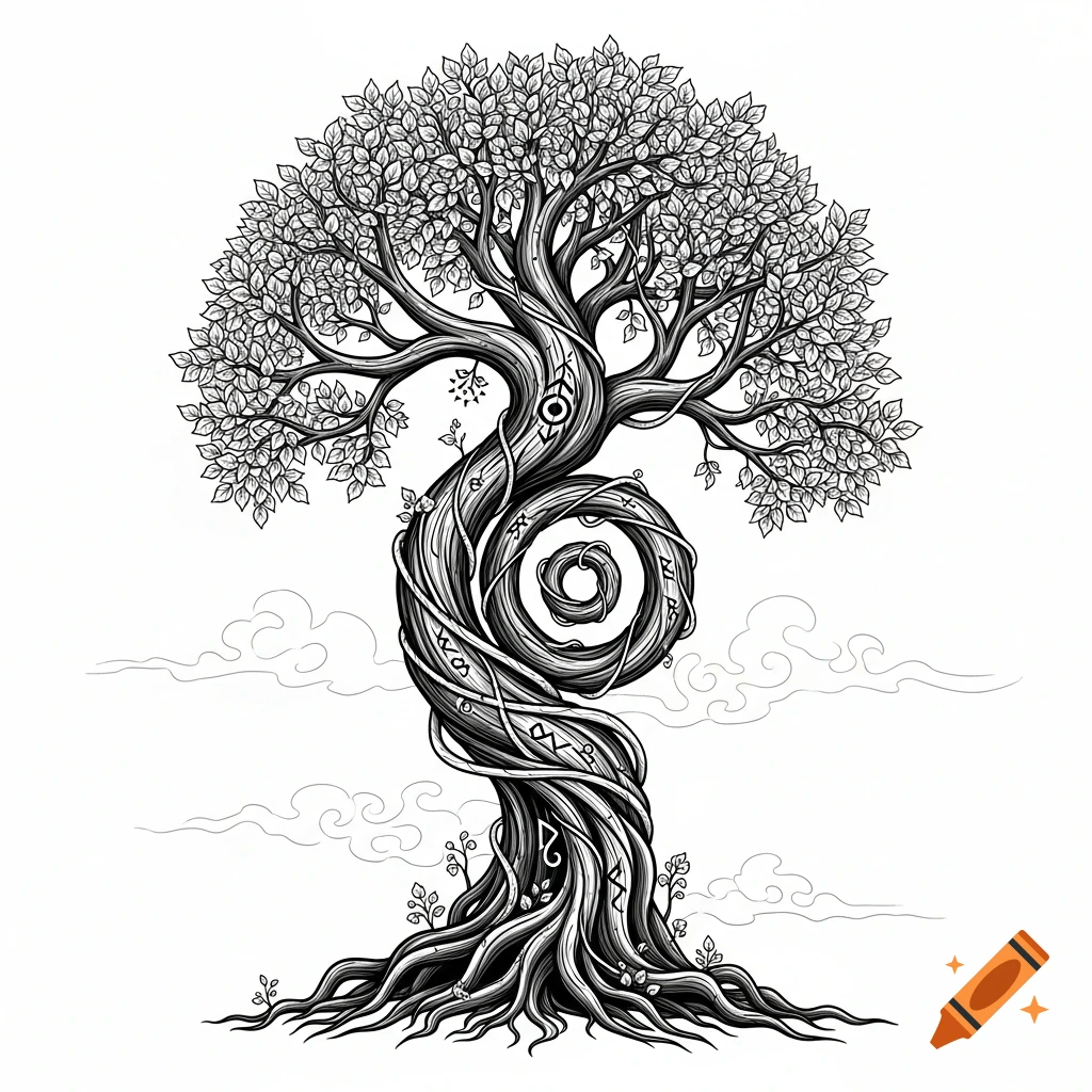 Detailed black and white line art illustration of a Tree of Life with a spiraling, twisted trunk adorned with decorative symbols, and intricate roots and leaves.