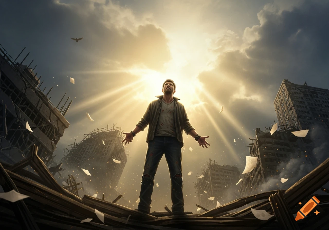 A man stands with outstretched arms amidst destroyed buildings and debris, looking up at a bright sky with sun rays, symbolizing survival.