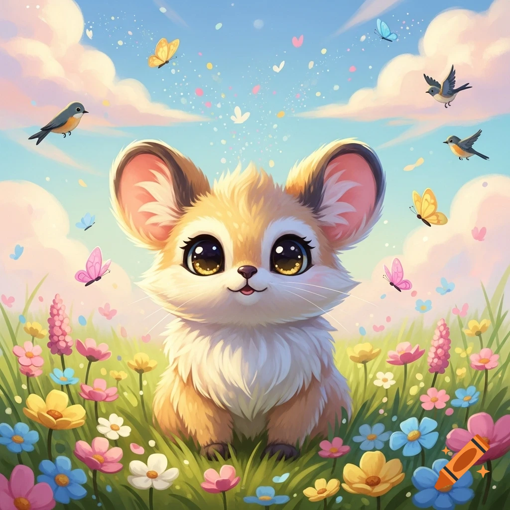 A cute, fluffy, big-eyed cartoon animal sits smiling in a vibrant flower field with butterflies and birds under a pastel sky.