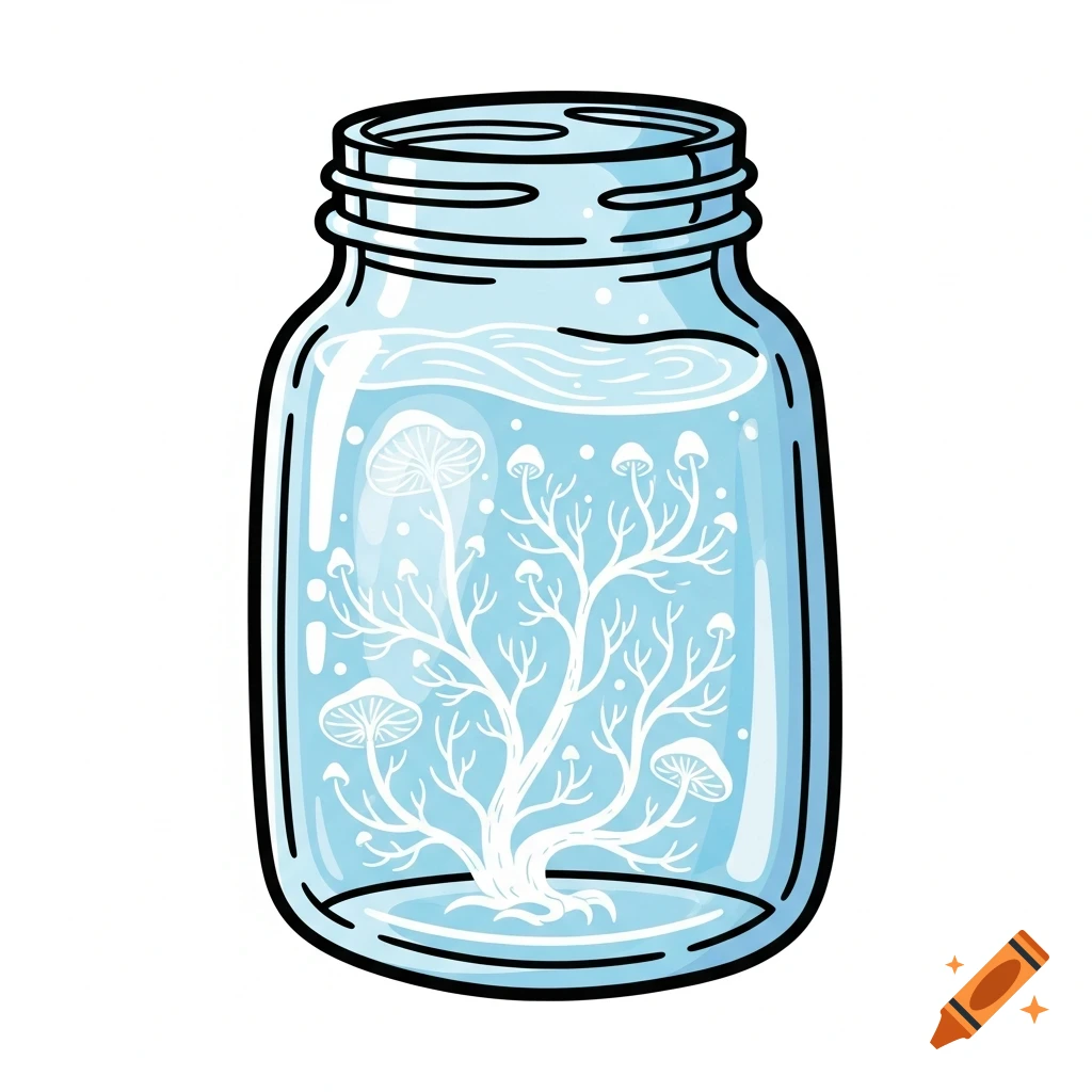 A cartoon illustration of a glass mason jar filled with light blue liquid, containing white stylized mycelium and mushrooms.