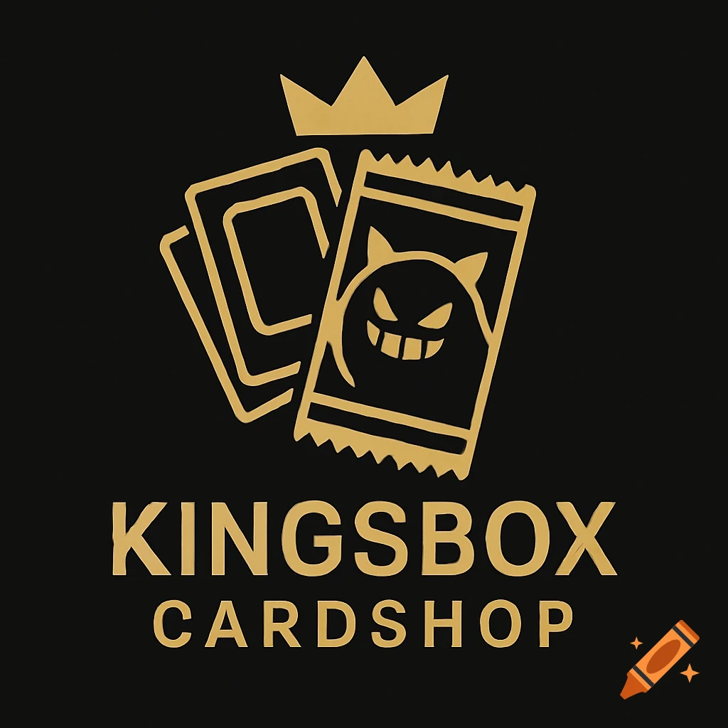 Gold and black minimalist logo for Kingsbox Cardshop with a crown, trading cards, and a mischievous ghost character on a booster pack.
