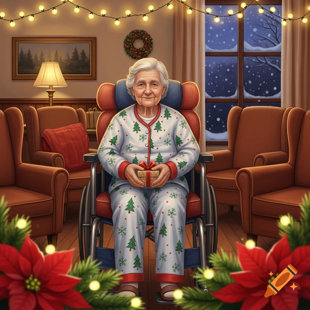 Elderly woman in Christmas pajamas in a wheelchair holding a gift, in a festive room with lights and snowy window. Illustrated.