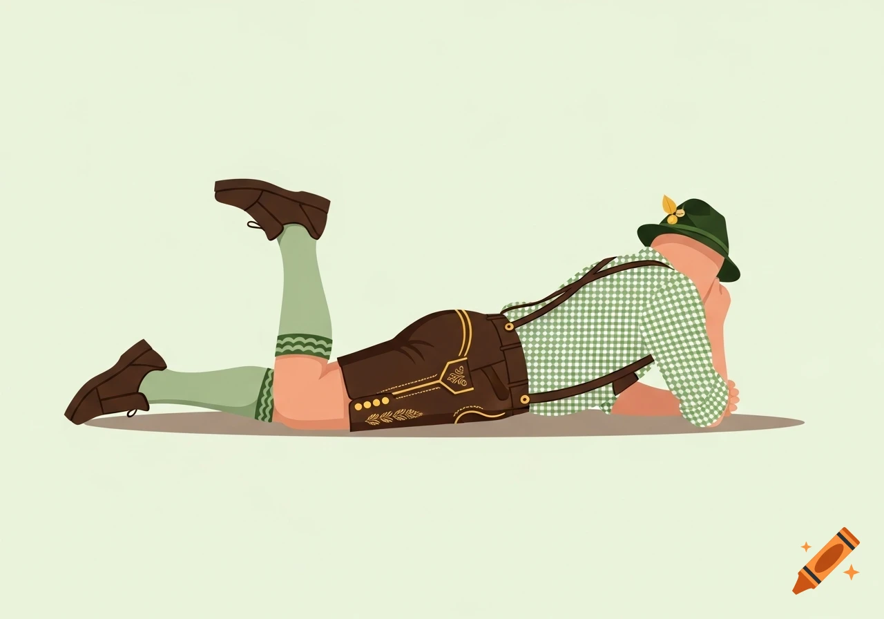 Illustration of a person in traditional Bavarian lederhosen and checked shirt, lying on their stomach with face hidden.