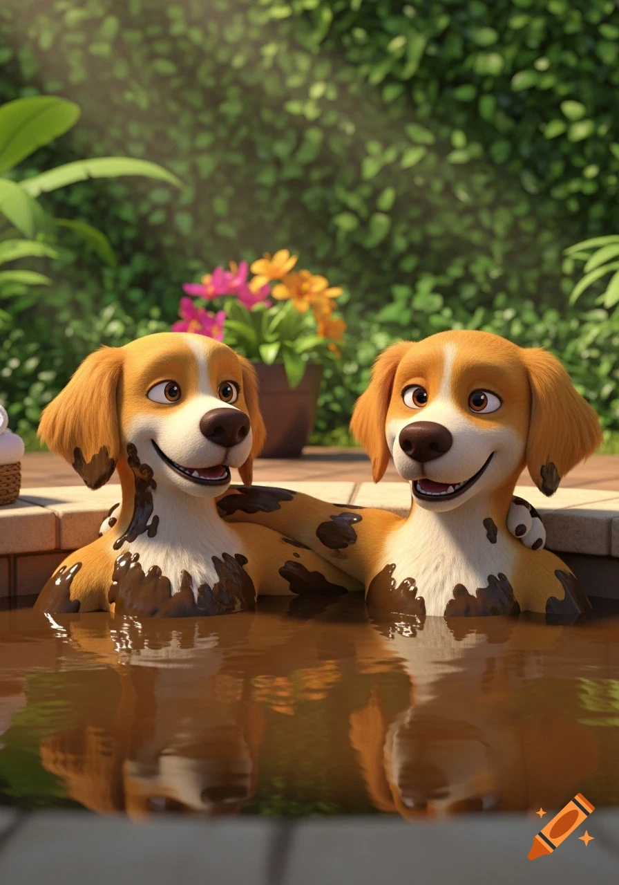 Two happy, muddy cartoon retriever dogs relax chest-deep in an outdoor hot tub, 3D animation.