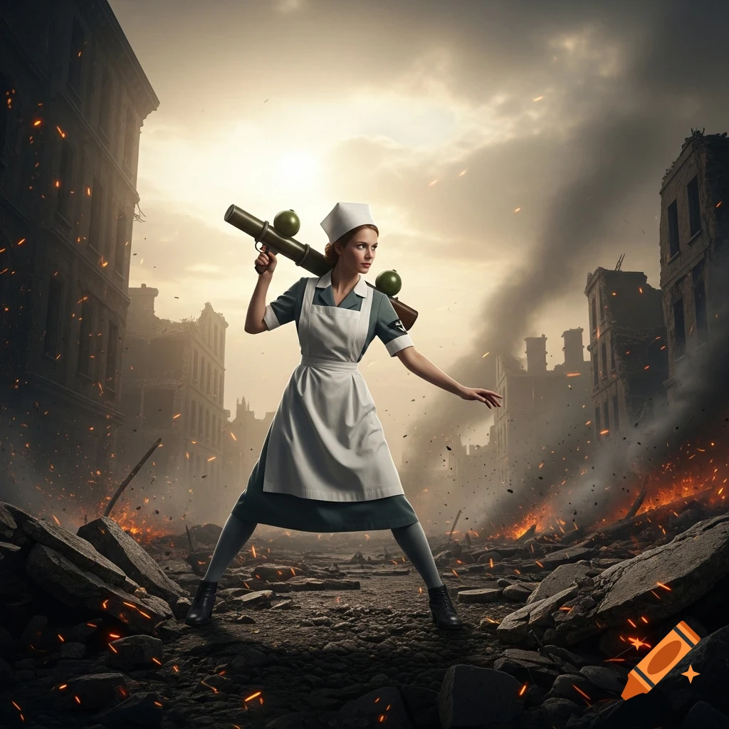 A nurse in a uniform stands with a bazooka on her shoulder in a devastated city street with fires and smoke.