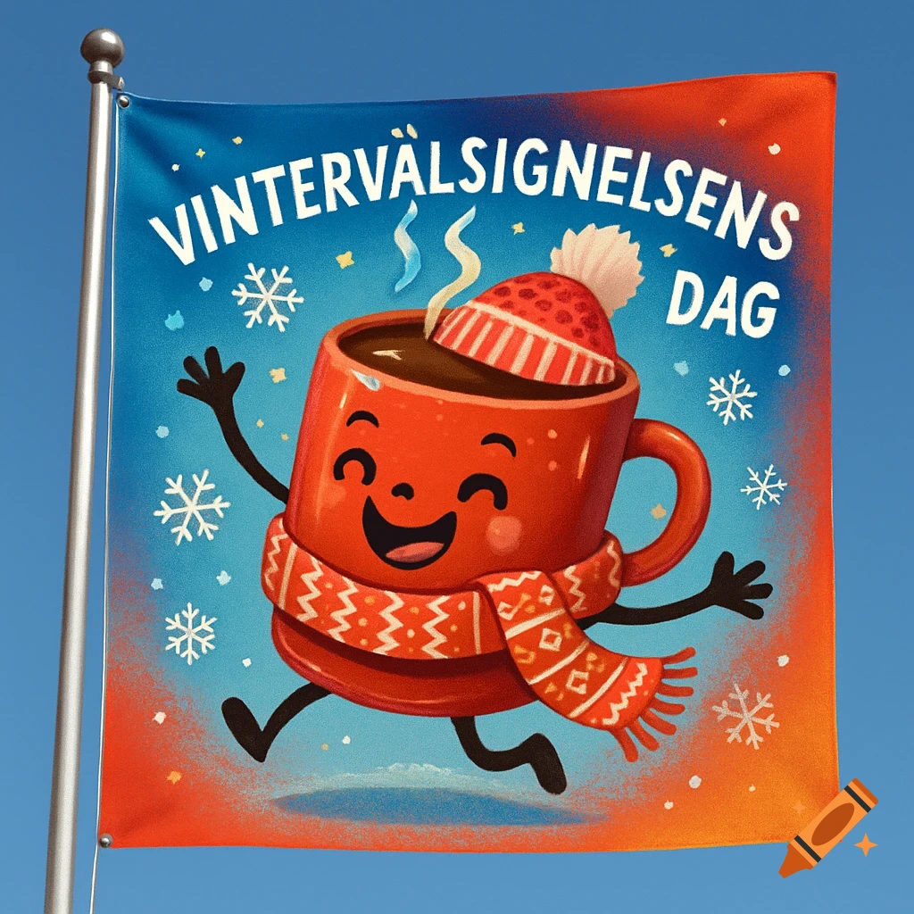 A vibrant flag with a cheerful, cartoon hot chocolate mug wearing a winter hat and scarf, dancing amidst snowflakes. Text: VINTERVÄLSIGNELSENS DAG.