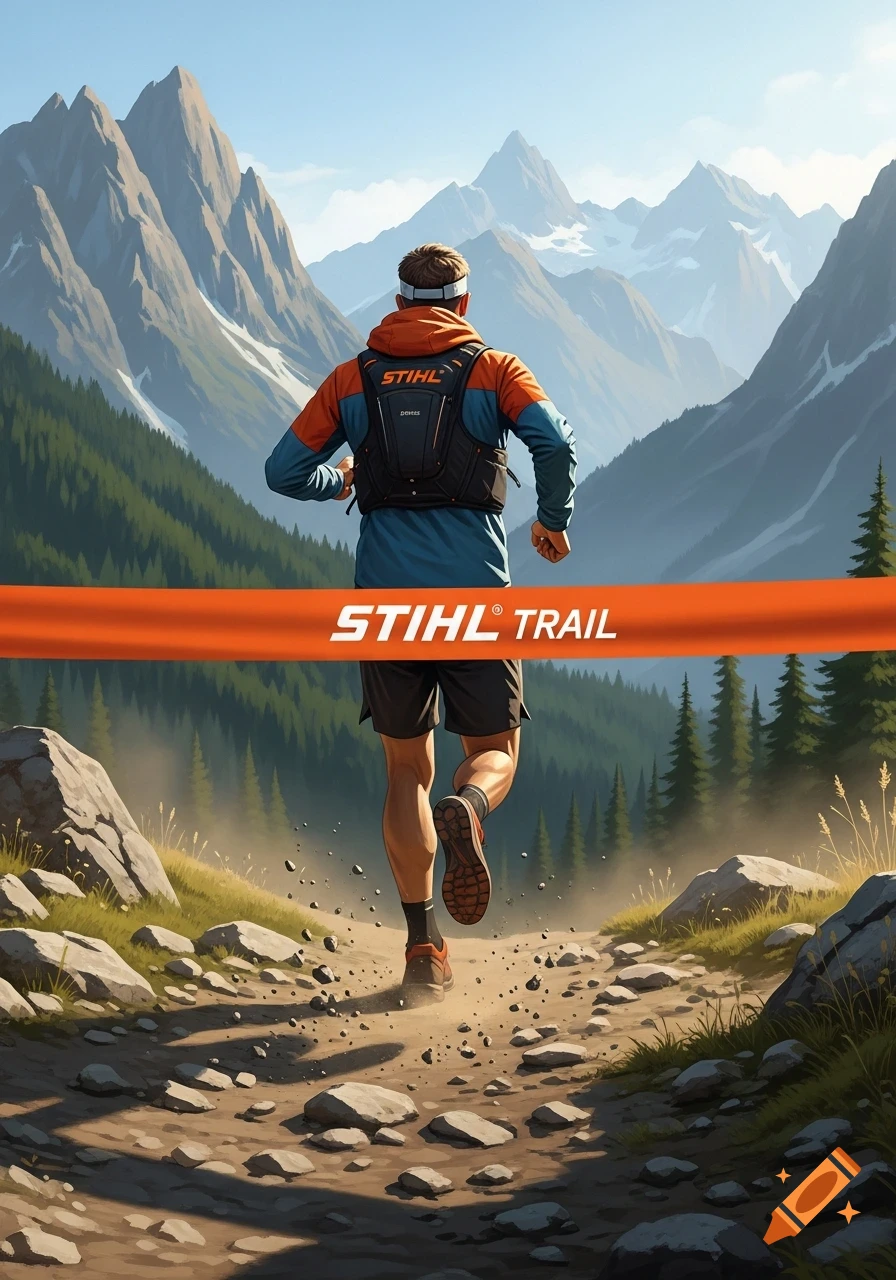 A trail runner with a backpack runs on a rocky path through mountains under a clear sky. An orange banner reads "STIHL TRAIL".